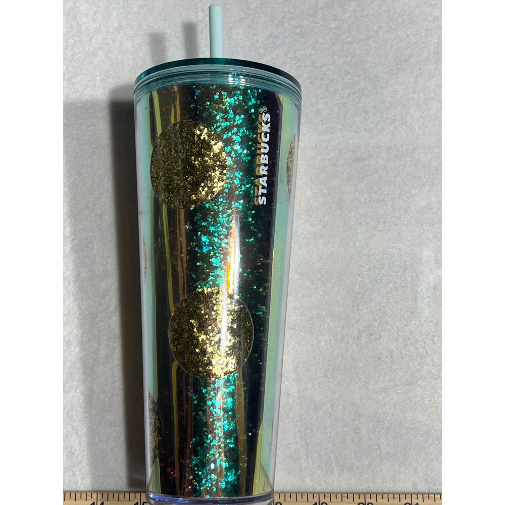 Starbucks Christmas Iridescent Teal Green Gold Glitter Circle Dots Tumbler 24oz